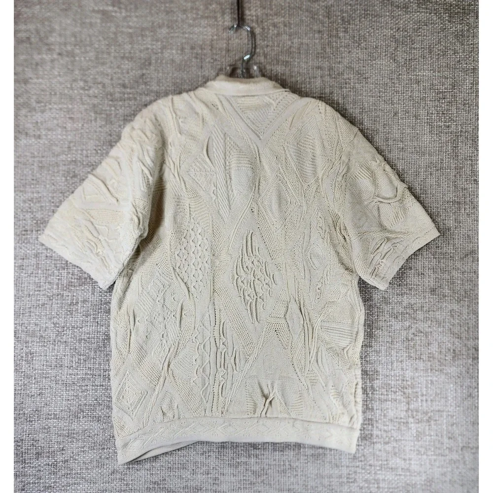COOGI Australia Cotton 3D Knit Cardigan Mens M Ivory Sweater Short Sleeve VTG